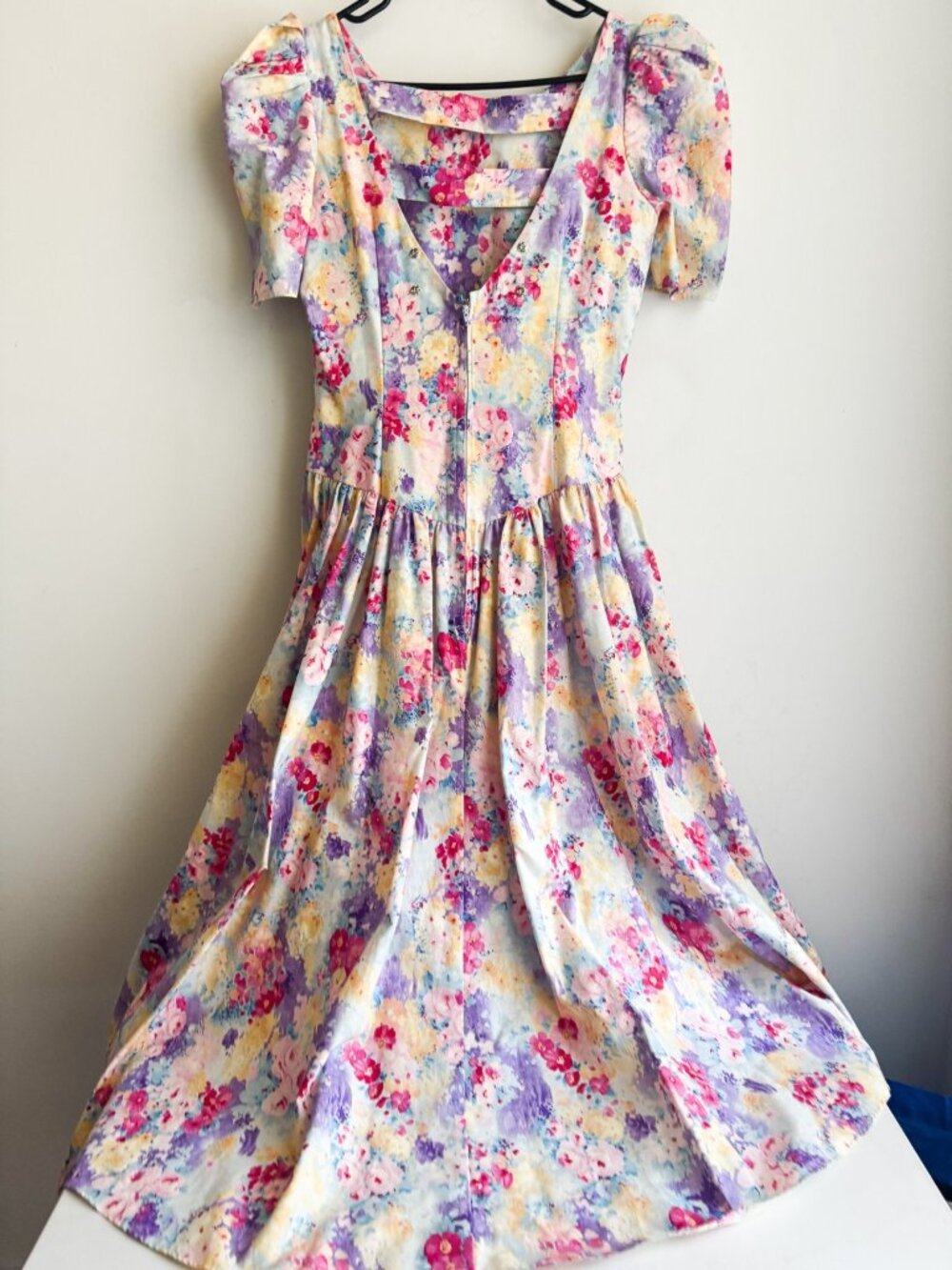 Vintage Light Floral Cotton Party Dress High Low M - Picture 6 of 8